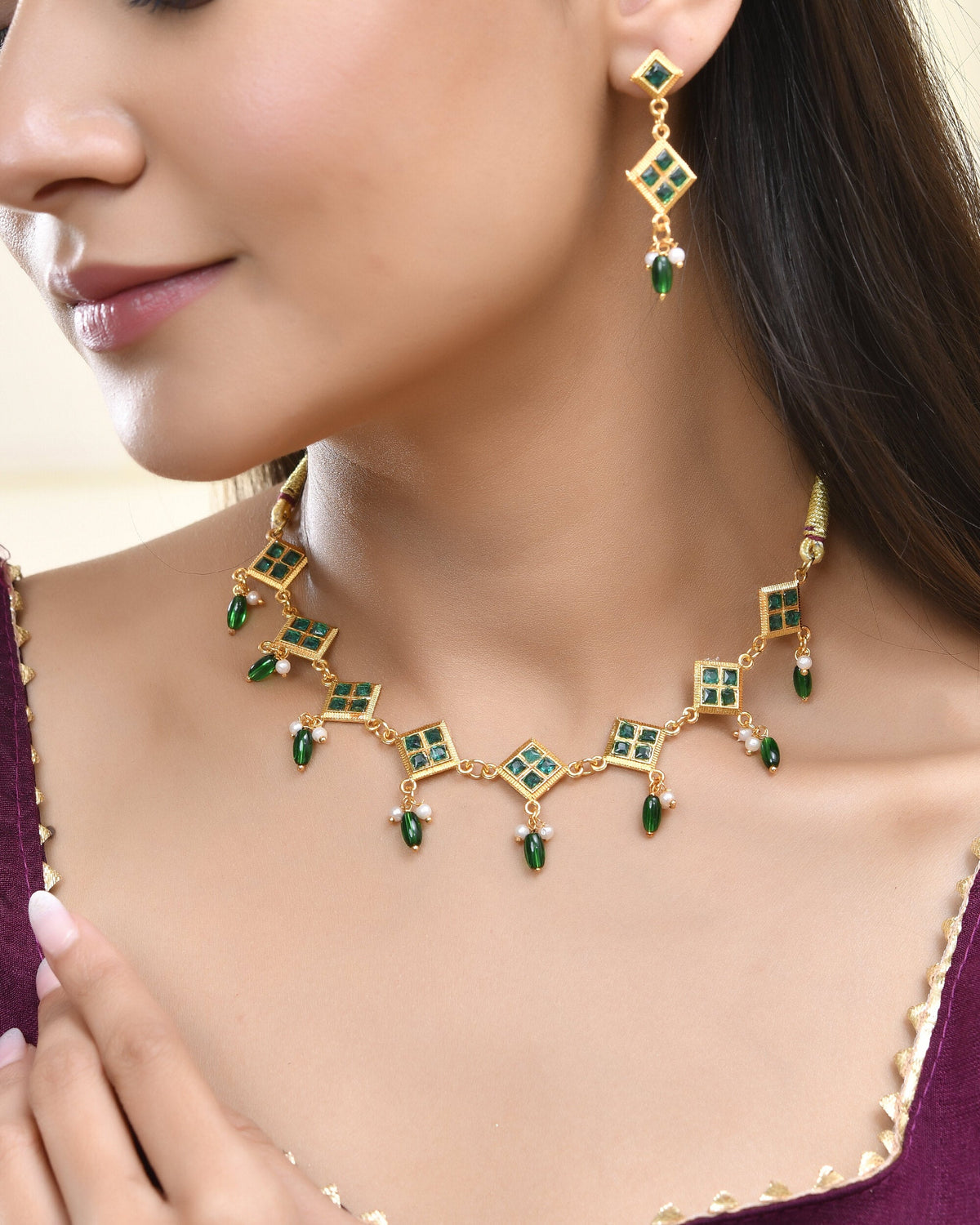 Jewels Nest Elegant Green Square Drop Necklace & Earrings Set | Grocsy