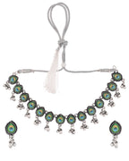 Jewels Nest Oxidised Silver Peacock Feather Necklace with Matching Earrings Set