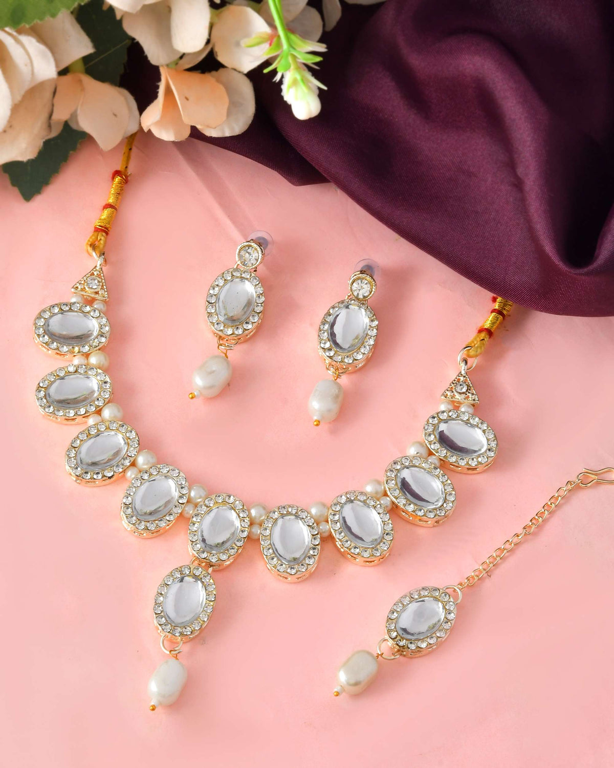 Jewels Nest Elegant White Stone & Pearl Choker Necklace Set with Earrings – Bridal & Festive Wear