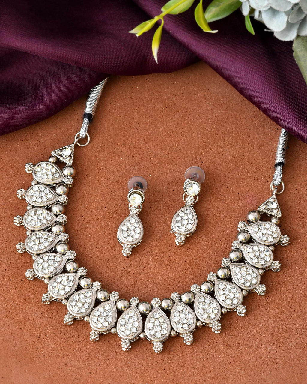 Jewels Nest Silver-Plated AD Studded Traditional Necklace Set for Women
