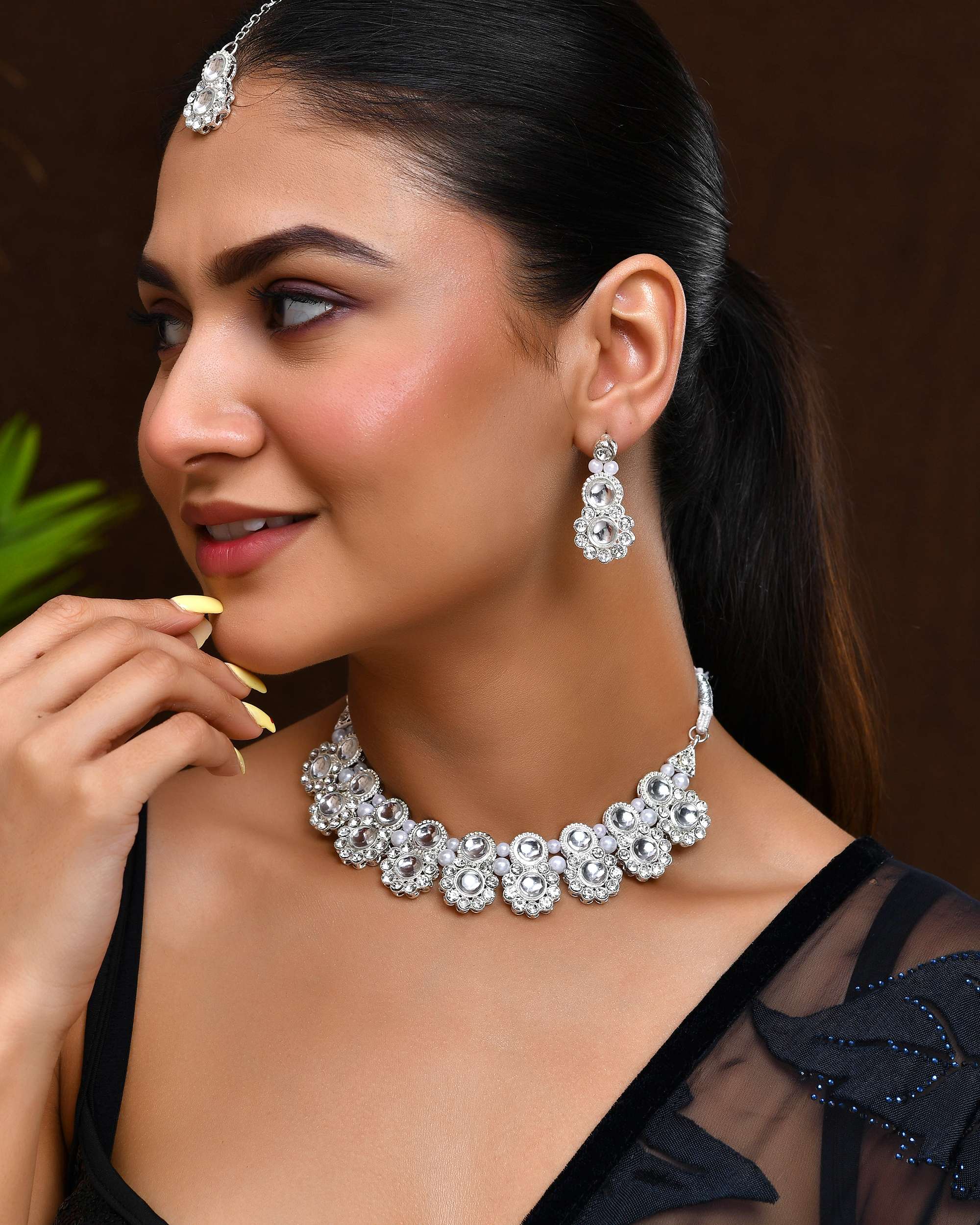 Jewels Nest Oxidized Silver Mirror Choker Necklace Set with Earrings – Boho Tribal Jewellery | Grocsy