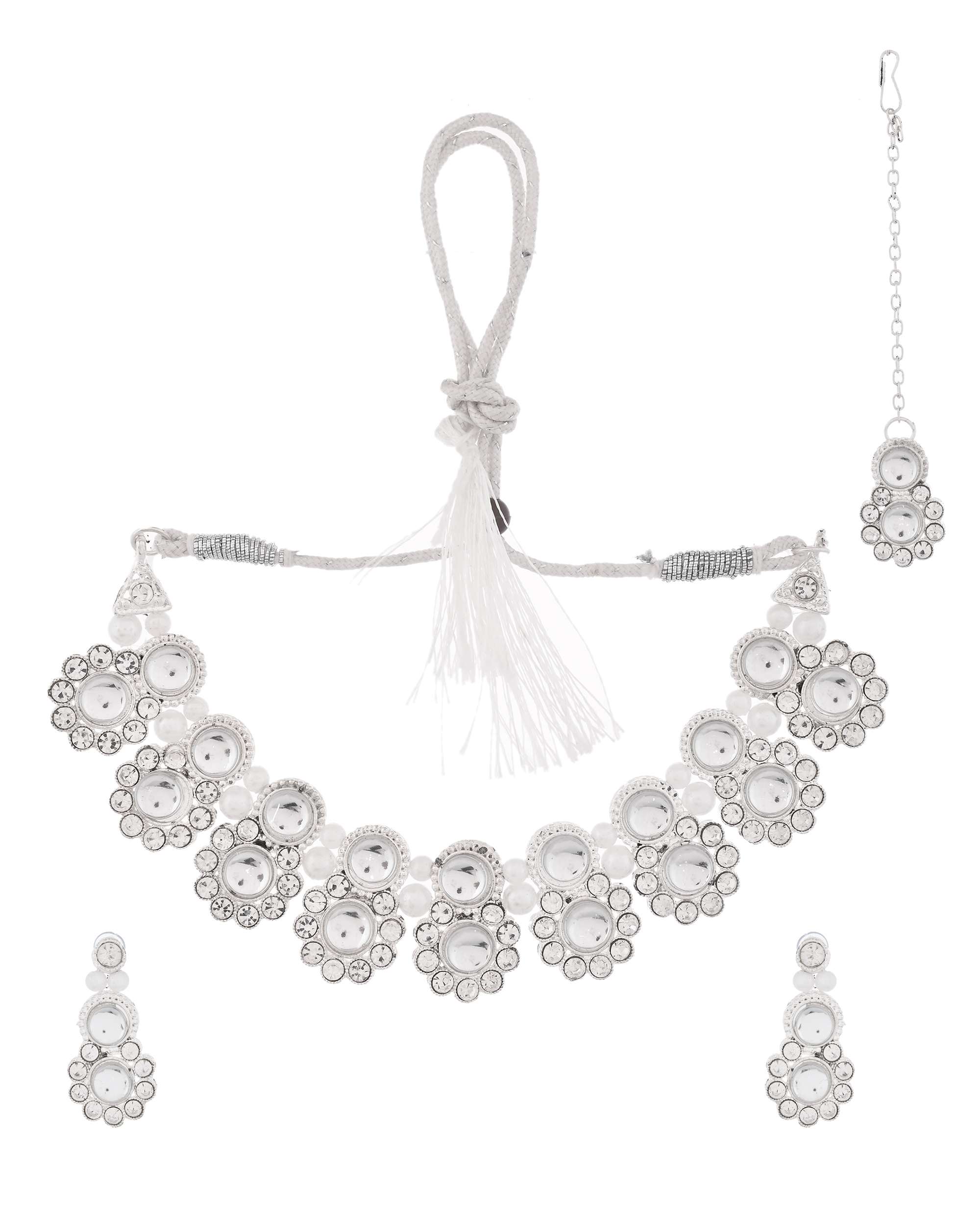 Jewels Nest Oxidized Silver Mirror Choker Necklace Set with Earrings – Boho Tribal Jewellery | Grocsy