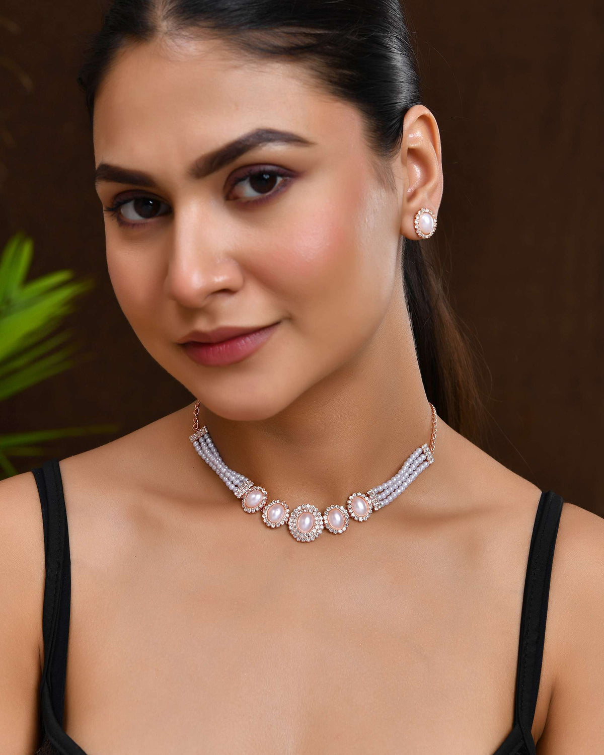Jewels Nest Rose Gold-Plated Pearl & American Diamond-Studded Jewellery Set | Grocsy