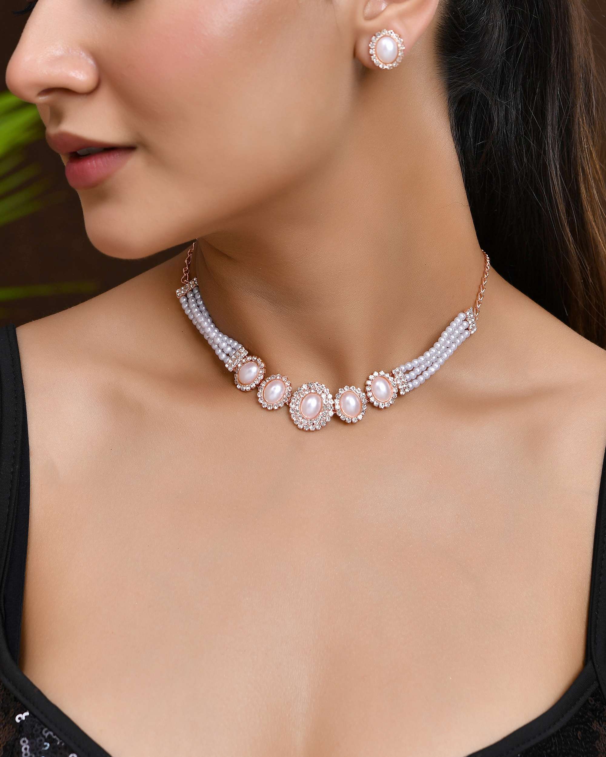 Jewels Nest Rose Gold-Plated Pearl & American Diamond-Studded Jewellery Set | Grocsy