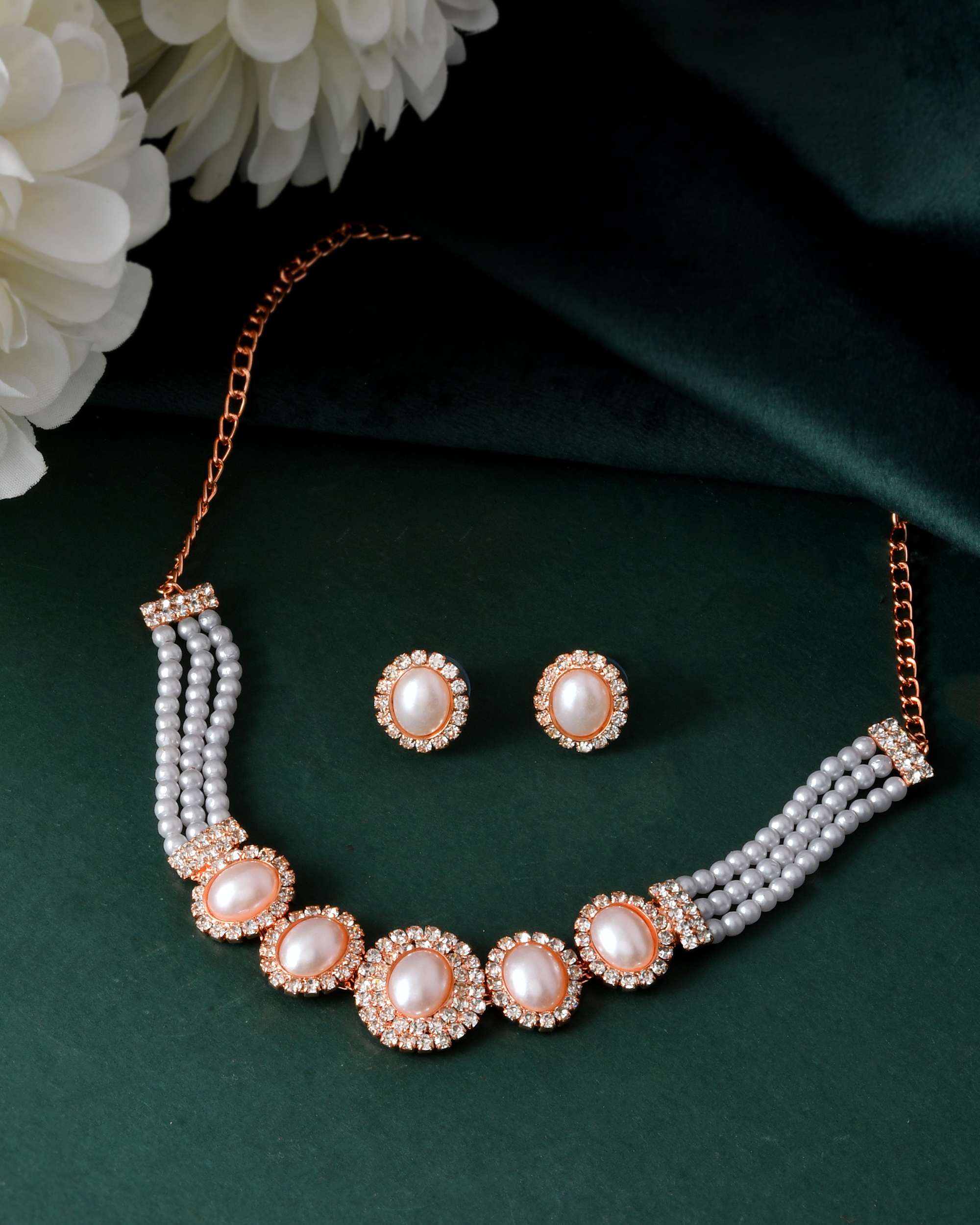 Jewels Nest Rose Gold-Plated Pearl & American Diamond-Studded Jewellery Set | Grocsy