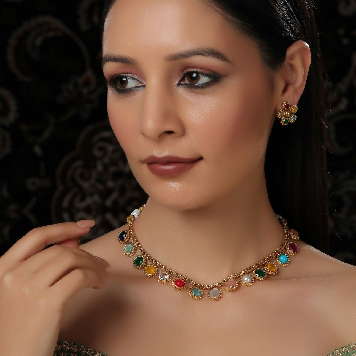 Multi Colored Stone in Gold Choker with Earrings (Multi Color) - Ruby Raang | Grocsy