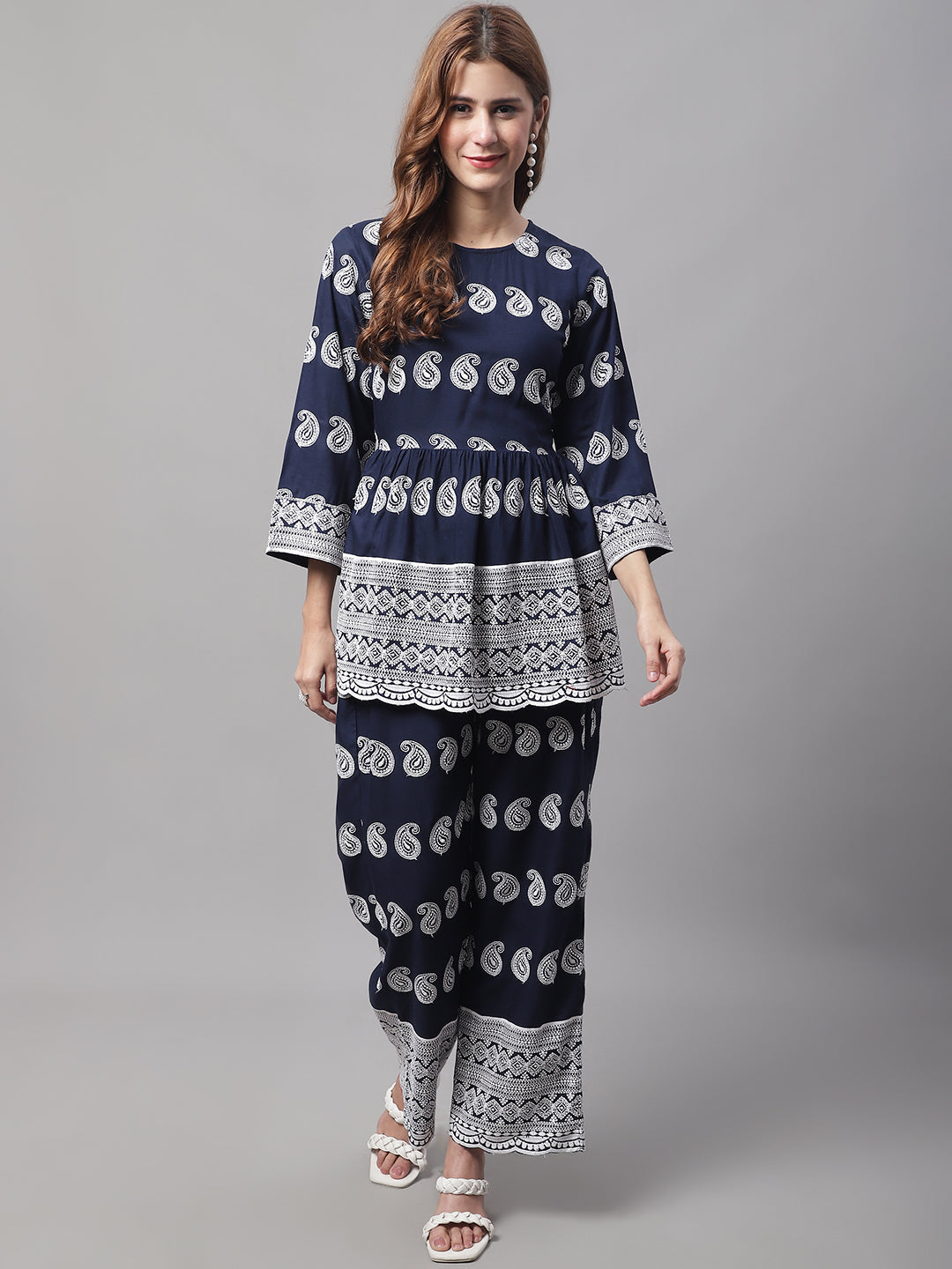 Jainish Women's Embroidered and Sequin work Co-ords - Navy Blue | Grocsy