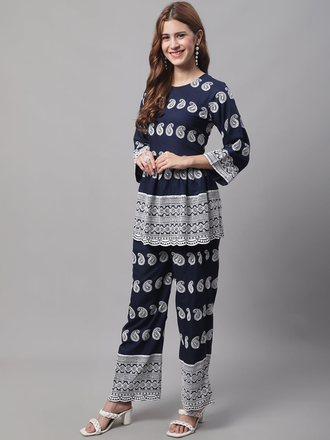 Jainish Women's Embroidered and Sequin work Co-ords - Navy Blue | Grocsy