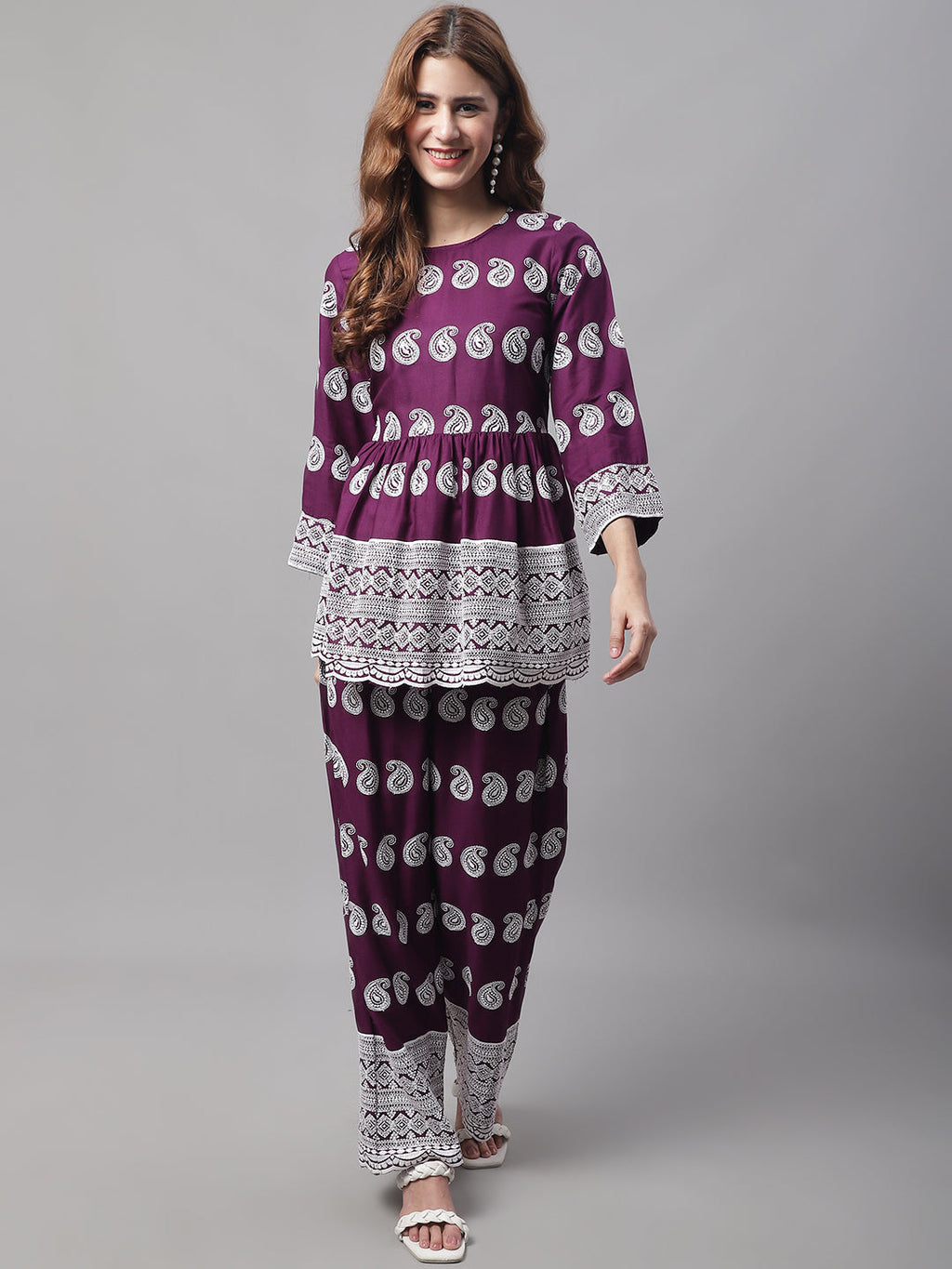 Jainish Women's Embroidered and Sequin work Co-ords - Purple | Grocsy