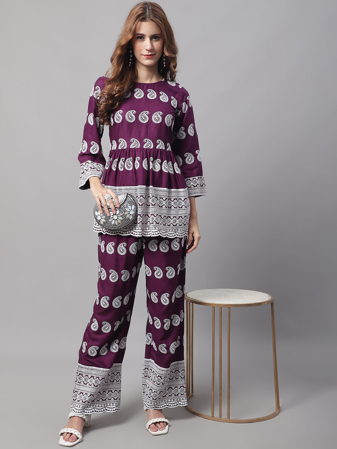 Jainish Women's Embroidered and Sequin work Co-ords - Purple | Grocsy