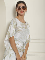 Indian Needle Women's Beige Tie Dye Printed Rayon Kaftan Tunic With Trousers - Beige | Grocsy