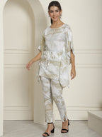 Indian Needle Women's Beige Tie Dye Printed Rayon Kaftan Tunic With Trousers - Beige | Grocsy