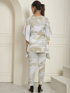 Indian Needle Women's Beige Tie Dye Printed Rayon Kaftan Tunic With Trousers - Beige | Grocsy