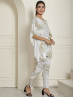 Indian Needle Women's Beige Tie Dye Printed Rayon Kaftan Tunic With Trousers - Beige | Grocsy