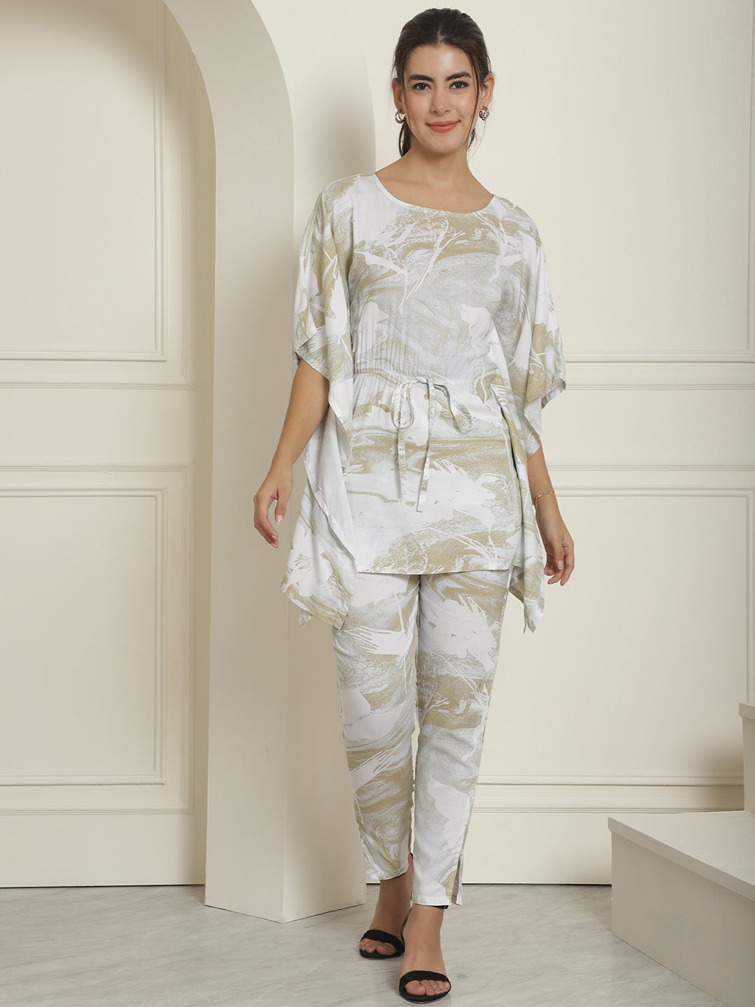 Indian Needle Women's Beige Tie Dye Printed Rayon Kaftan Tunic With Trousers - Beige | Grocsy