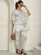 Indian Needle Women's Beige Tie Dye Printed Rayon Kaftan Tunic With Trousers - Beige | Grocsy