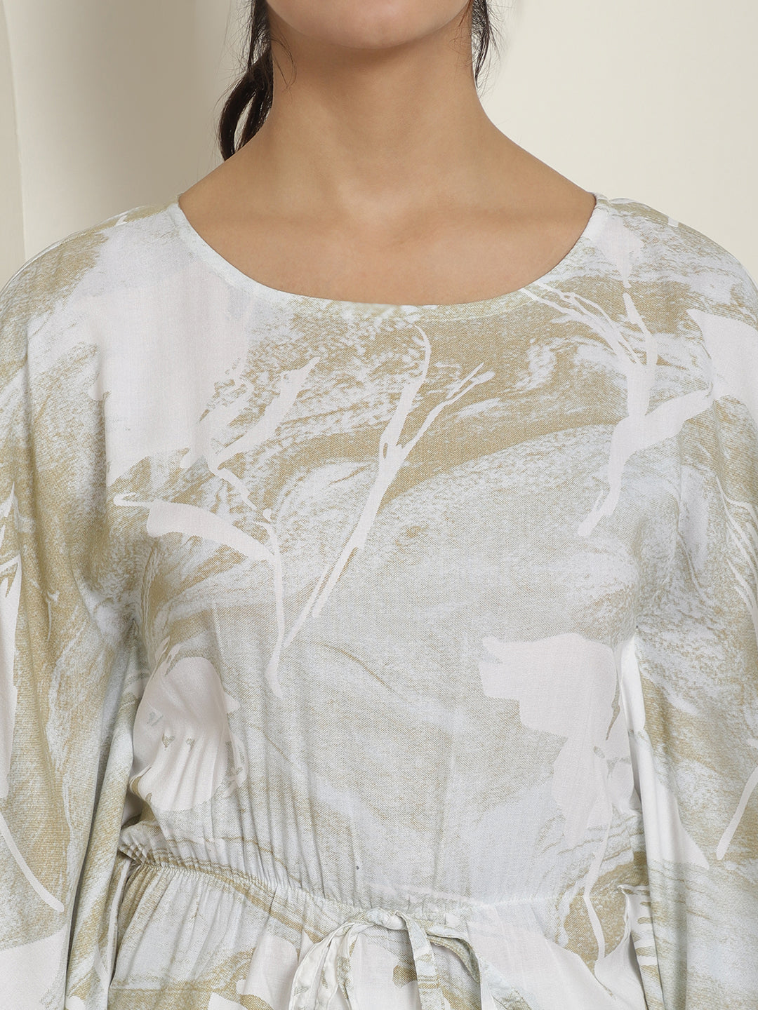 Indian Needle Women's Beige Tie Dye Printed Rayon Kaftan Tunic With Trousers - Beige | Grocsy