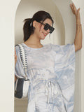 Indian Needle Women's Light-Blue Tie Dye Printed Rayon Kaftan Tunic With Trousers - Light-Blue | Grocsy
