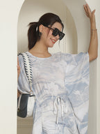 Indian Needle Women's Light-Blue Tie Dye Printed Rayon Kaftan Tunic With Trousers - Light-Blue | Grocsy