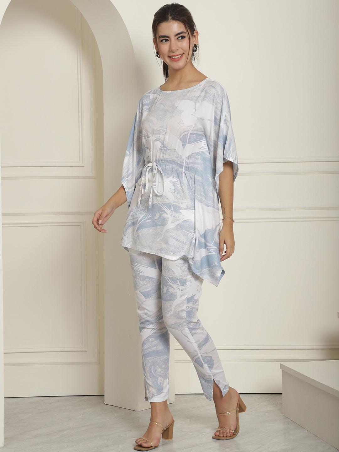 Indian Needle Women's Light-Blue Tie Dye Printed Rayon Kaftan Tunic With Trousers - Light-Blue | Grocsy