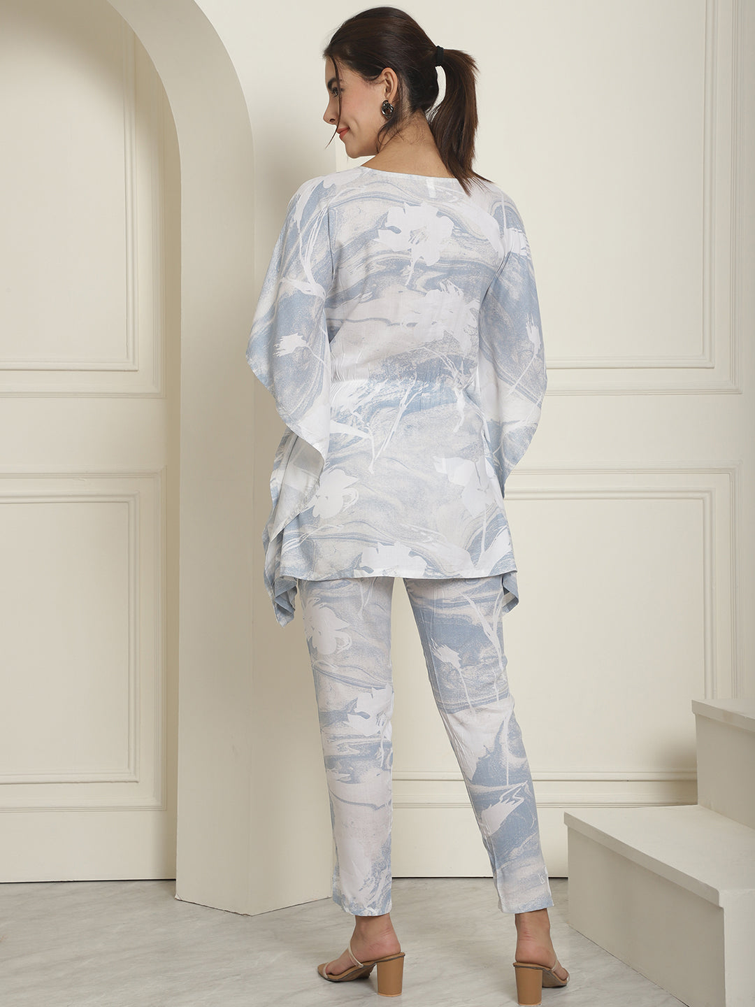 Indian Needle Women's Light-Blue Tie Dye Printed Rayon Kaftan Tunic With Trousers - Light-Blue | Grocsy