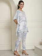 Indian Needle Women's Light-Blue Tie Dye Printed Rayon Kaftan Tunic With Trousers - Light-Blue | Grocsy