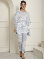 Indian Needle Women's Light-Blue Tie Dye Printed Rayon Kaftan Tunic With Trousers - Light-Blue | Grocsy