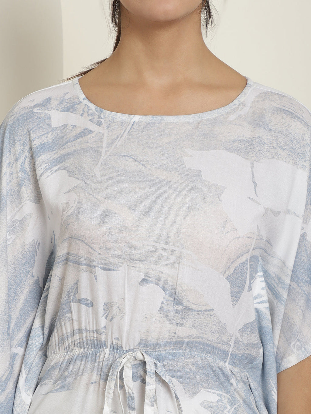 Indian Needle Women's Light-Blue Tie Dye Printed Rayon Kaftan Tunic With Trousers - Light-Blue | Grocsy