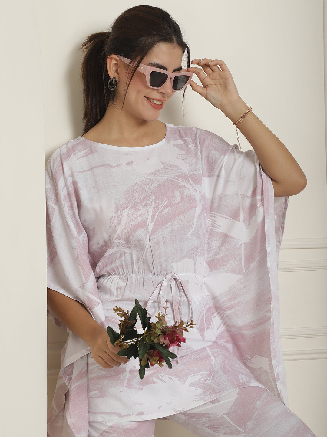 Indian Needle Women's Light-Purple Tie Dye Printed Rayon Kaftan Tunic With Trousers - Light-Purple | Grocsy