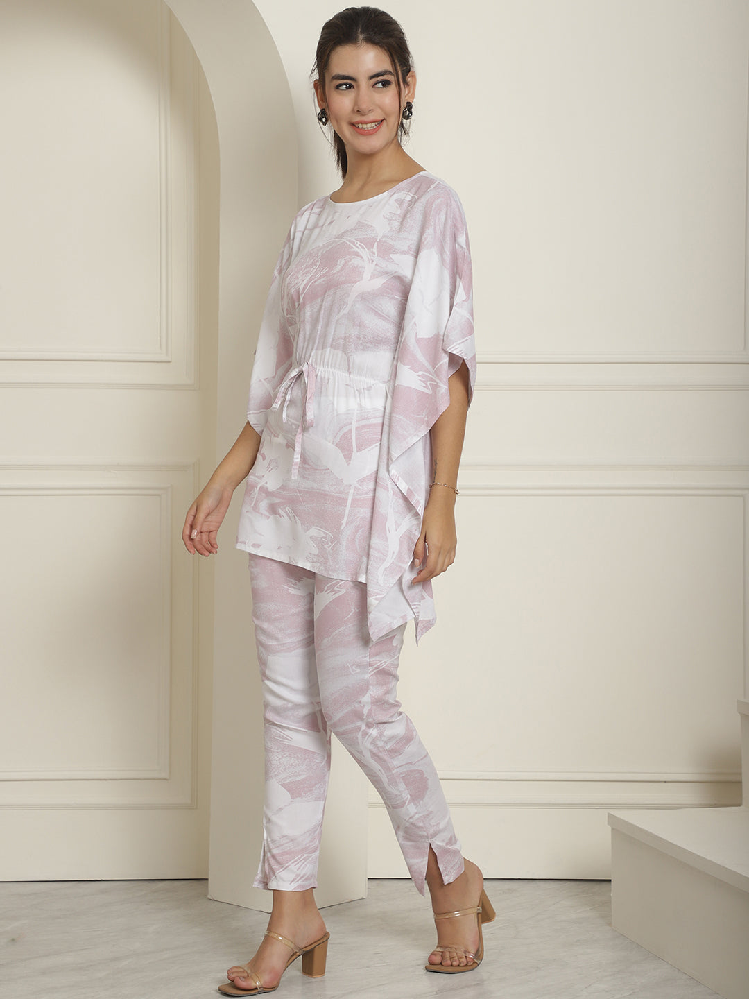 Indian Needle Women's Light-Purple Tie Dye Printed Rayon Kaftan Tunic With Trousers - Light-Purple | Grocsy
