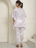 Indian Needle Women's Light-Purple Tie Dye Printed Rayon Kaftan Tunic With Trousers - Light-Purple | Grocsy