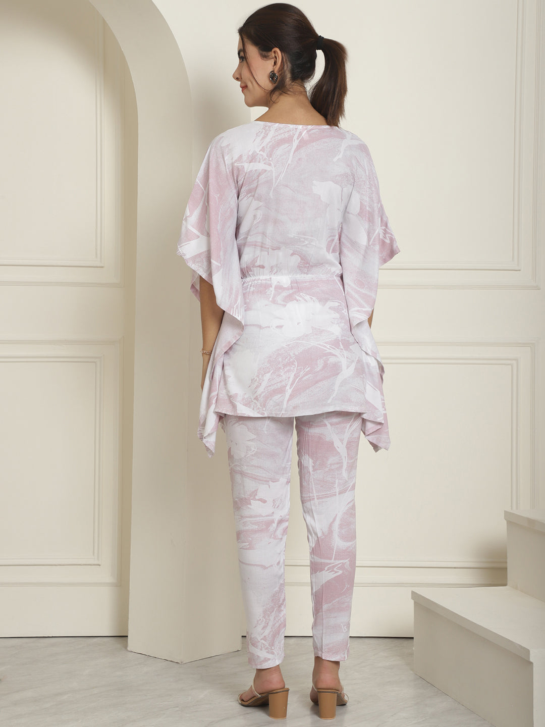 Indian Needle Women's Light-Purple Tie Dye Printed Rayon Kaftan Tunic With Trousers - Light-Purple | Grocsy