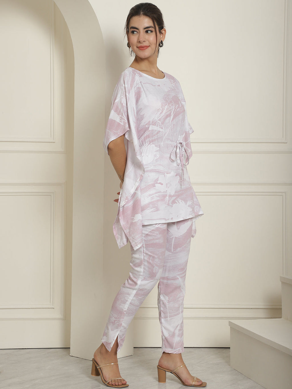 Indian Needle Women's Light-Purple Tie Dye Printed Rayon Kaftan Tunic With Trousers - Light-Purple | Grocsy