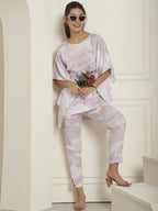 Indian Needle Women's Light-Purple Tie Dye Printed Rayon Kaftan Tunic With Trousers - Light-Purple | Grocsy