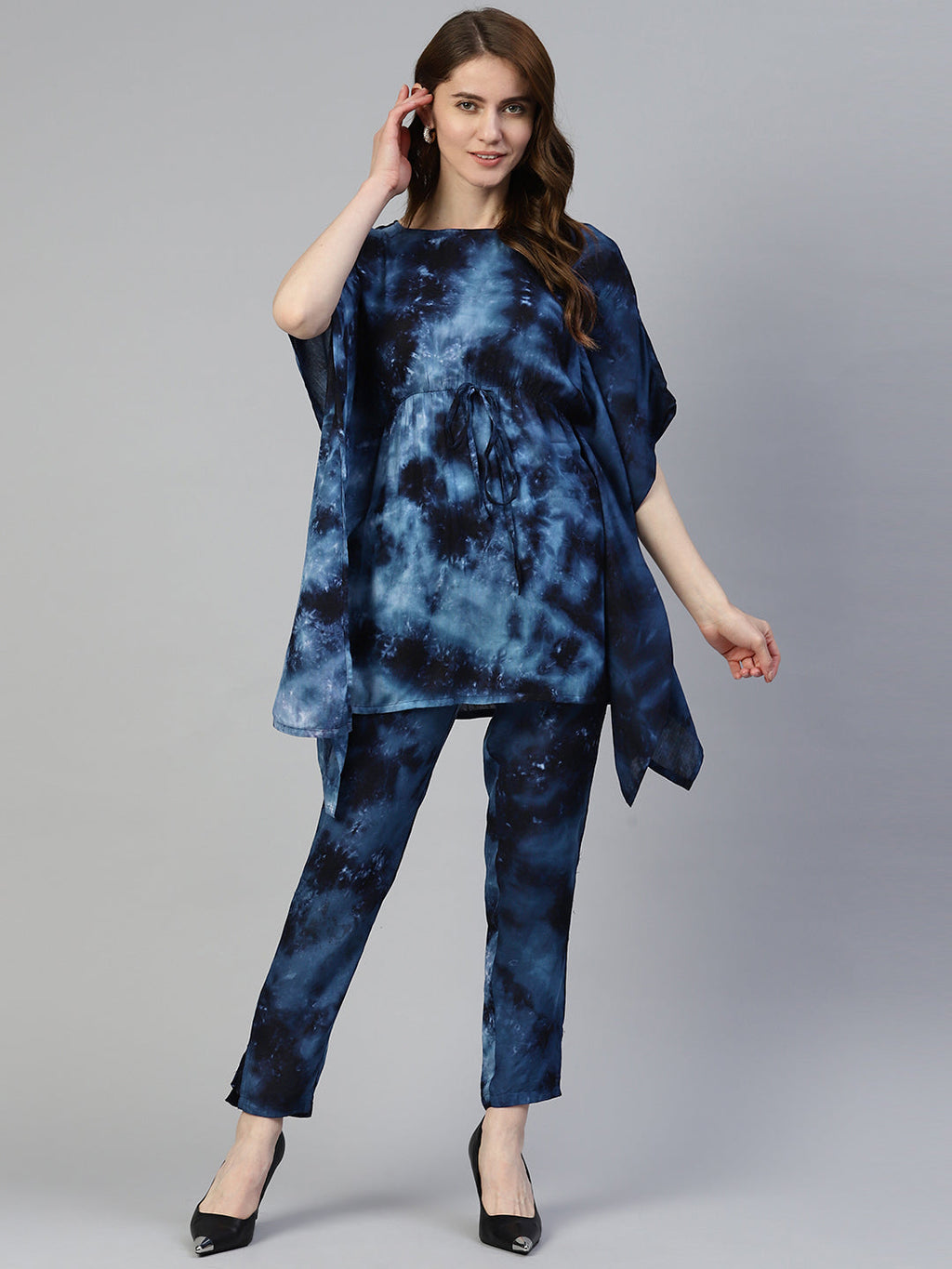 Jainish Women's Navy Blue Tie Dye Printed Rayon Kaftan Tunic With Trousers | Grocsy