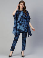 Jainish Women's Navy Blue Tie Dye Printed Rayon Kaftan Tunic With Trousers | Grocsy