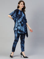 Jainish Women's Navy Blue Tie Dye Printed Rayon Kaftan Tunic With Trousers | Grocsy