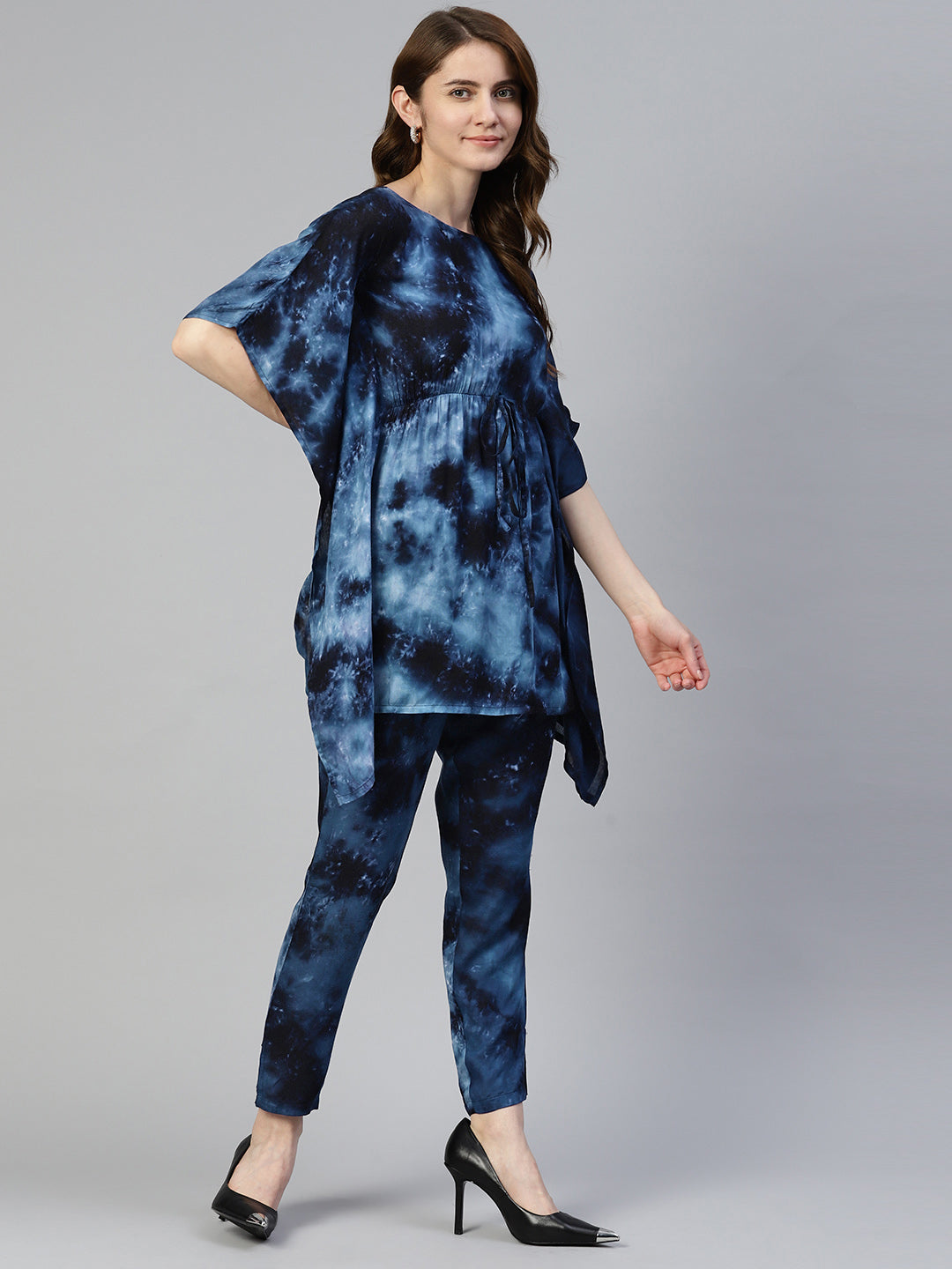 Jainish Women's Navy Blue Tie Dye Printed Rayon Kaftan Tunic With Trousers | Grocsy