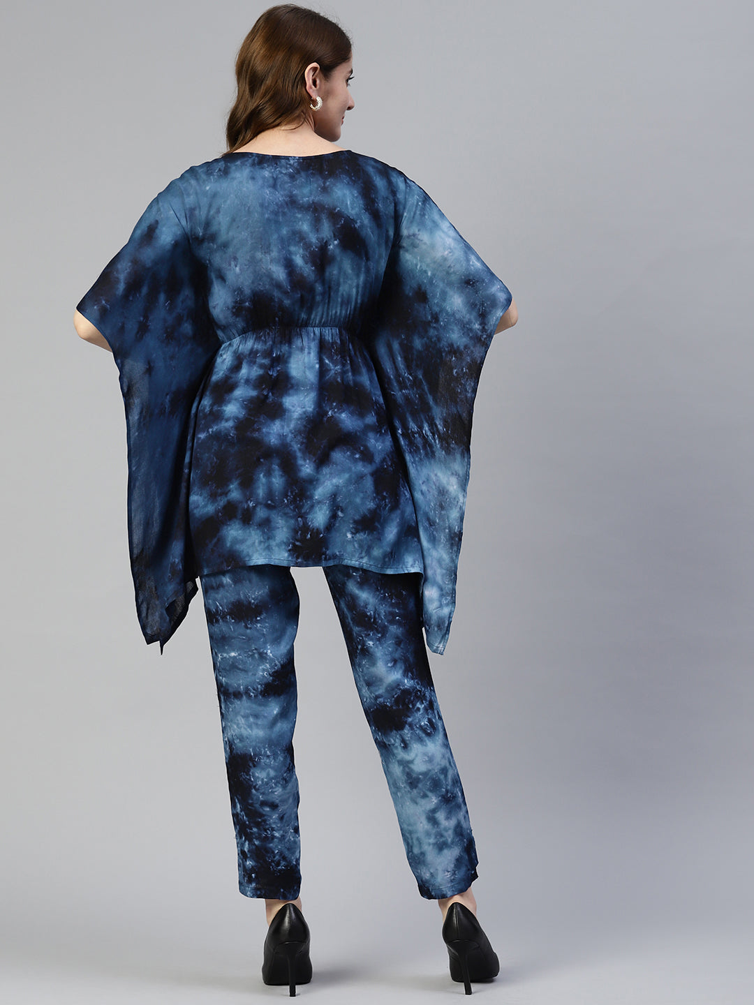 Jainish Women's Navy Blue Tie Dye Printed Rayon Kaftan Tunic With Trousers | Grocsy