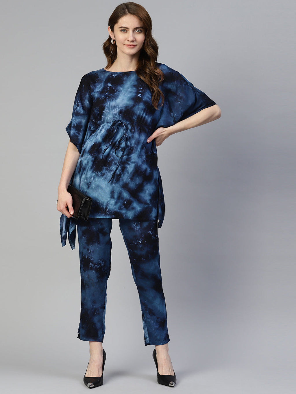 Jainish Women's Navy Blue Tie Dye Printed Rayon Kaftan Tunic With Trousers | Grocsy