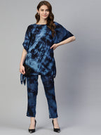 Jainish Women's Navy Blue Tie Dye Printed Rayon Kaftan Tunic With Trousers | Grocsy