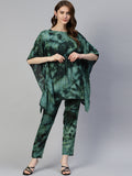 Jainish Women's Olive Green Tie Dye Printed Rayon Kaftan Tunic With Trousers | Grocsy