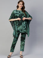 Jainish Women's Olive Green Tie Dye Printed Rayon Kaftan Tunic With Trousers | Grocsy