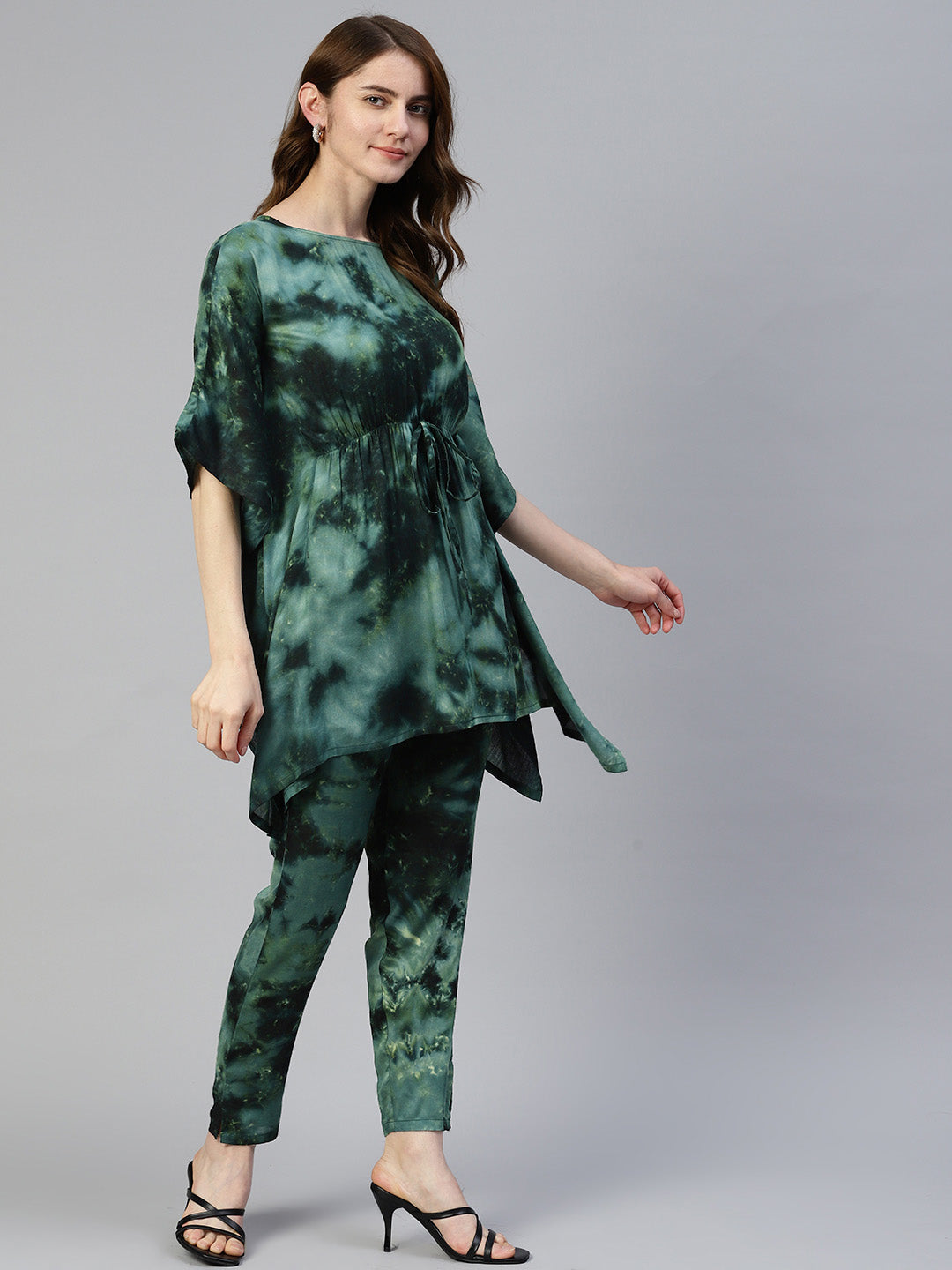 Jainish Women's Olive Green Tie Dye Printed Rayon Kaftan Tunic With Trousers | Grocsy