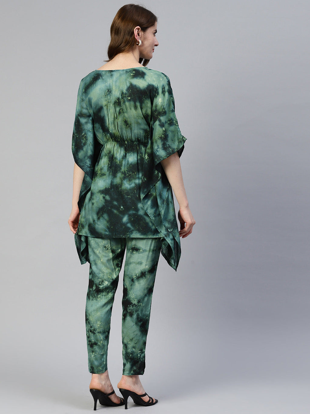 Jainish Women's Olive Green Tie Dye Printed Rayon Kaftan Tunic With Trousers | Grocsy