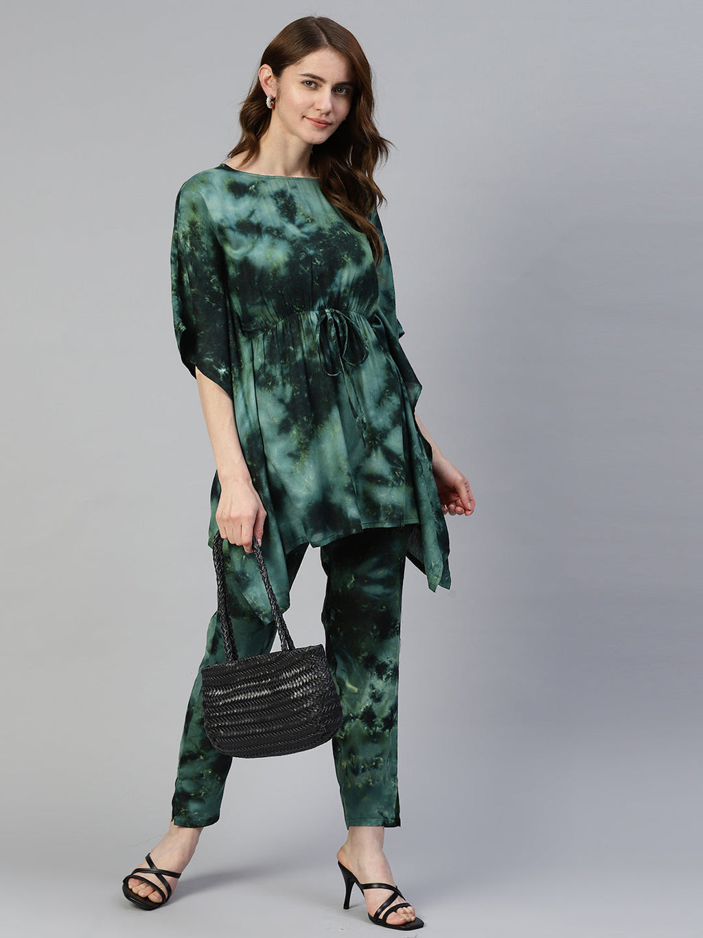 Jainish Women's Olive Green Tie Dye Printed Rayon Kaftan Tunic With Trousers | Grocsy