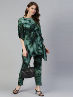Jainish Women's Olive Green Tie Dye Printed Rayon Kaftan Tunic With Trousers | Grocsy