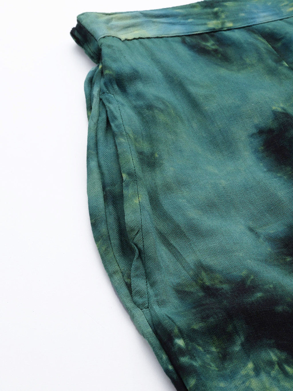 Jainish Women's Olive Green Tie Dye Printed Rayon Kaftan Tunic With Trousers | Grocsy