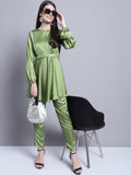 Jainish Women's WoEmbroidered A-line Top and Trouser With Belt - Green | Grocsy