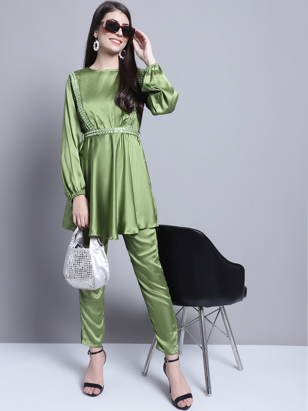 Jainish Women's WoEmbroidered A-line Top and Trouser With Belt - Green | Grocsy